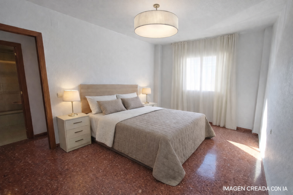 Dormitorio moderno con toques cálidos